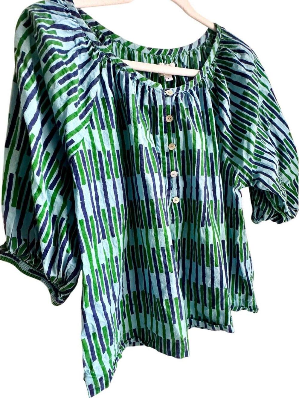 Bhoomki Circle Blouse Isle Block Print Green Blue Cotton Boho Top Large